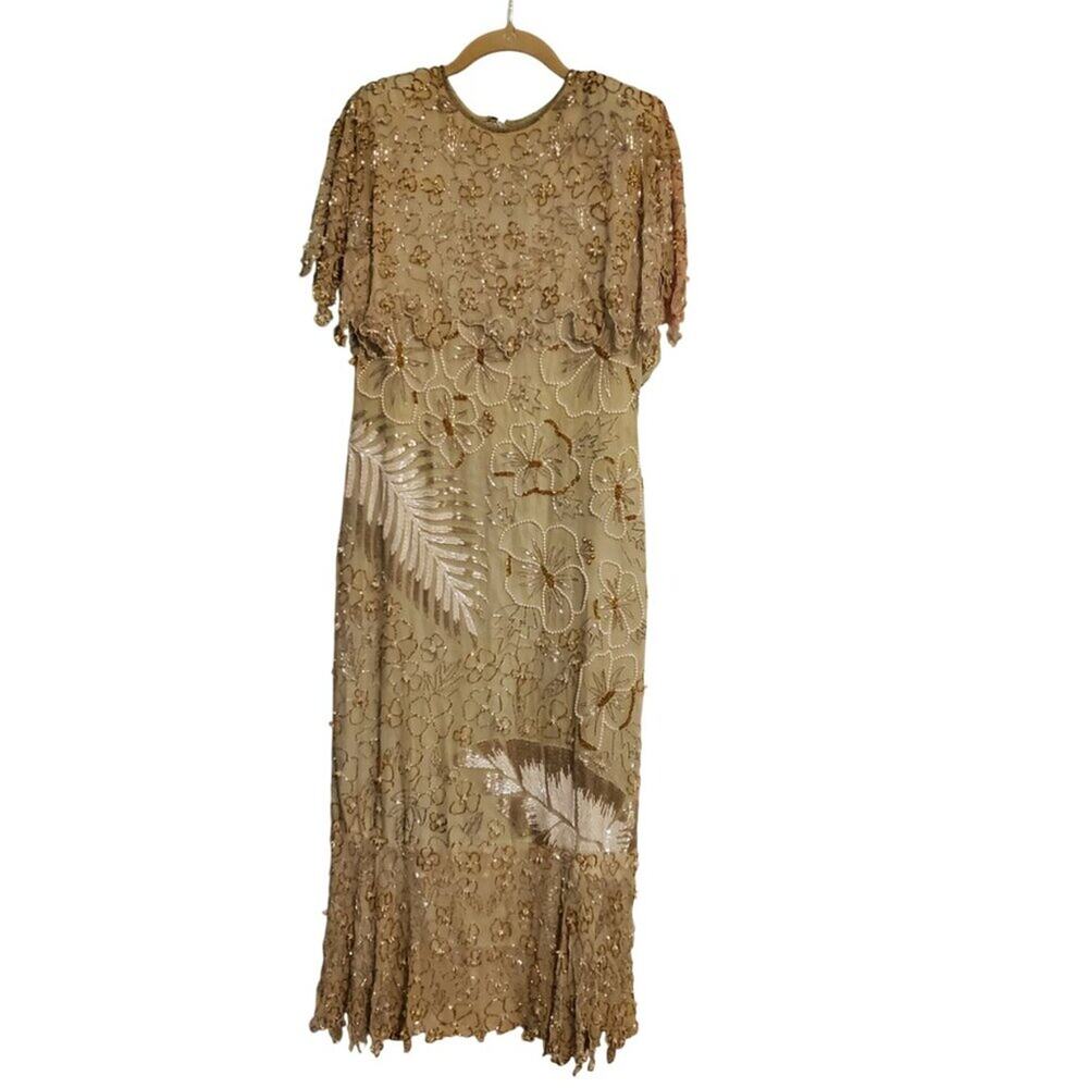 Vintage 1970s Retro Green Silk Floral Palm Leaf Gold Beaded Maxi Dress - Picture 2 of 15